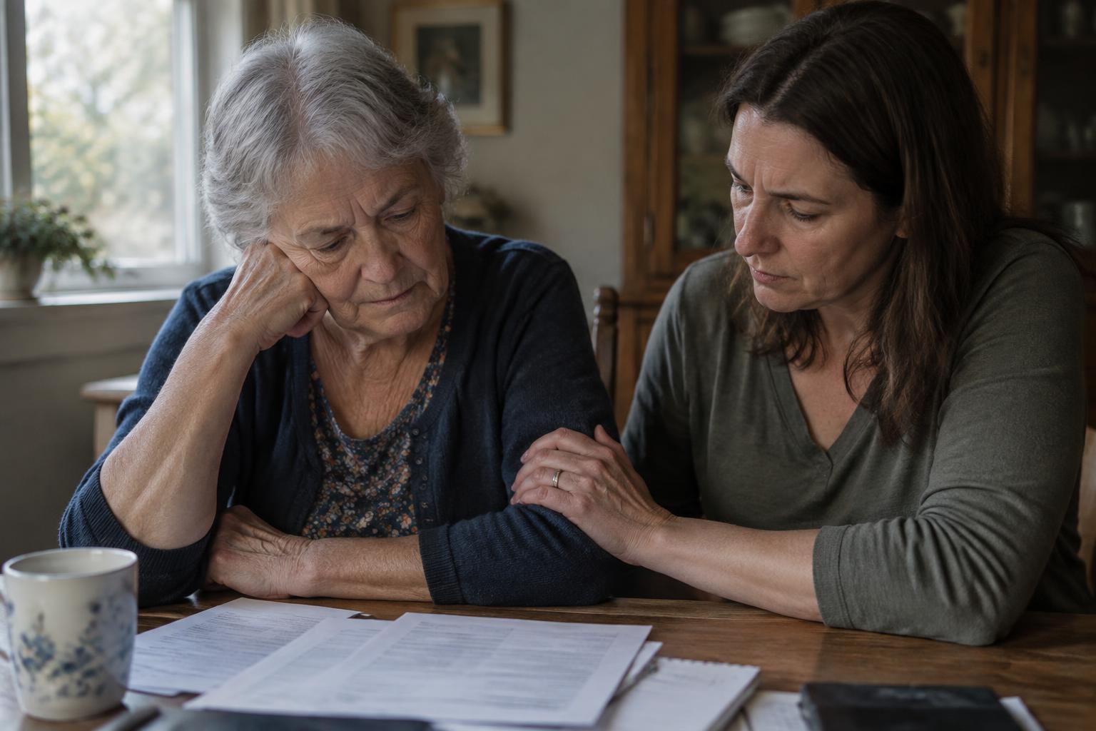 Older woman and her adult daughter sitting at a home dining table, looking down at paperwork together while the daughter rests a hand on her arm