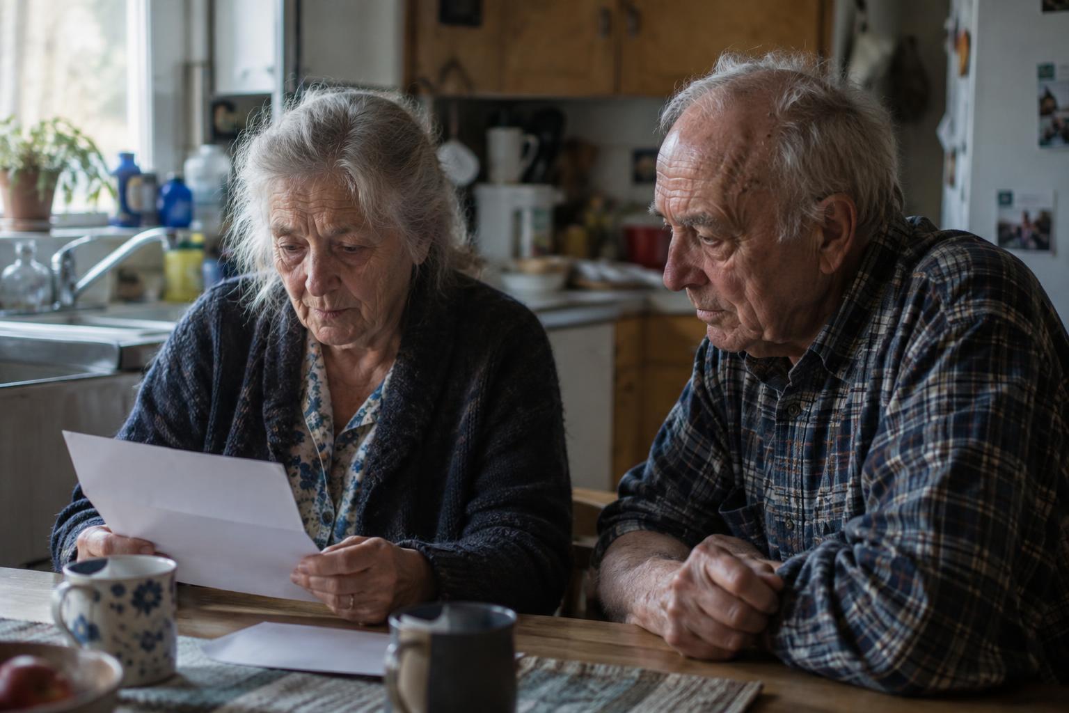 An older married couple sitting side by side at their kitchen table, the wife reading a letter while her husband looks on, lit by daylight from a window
