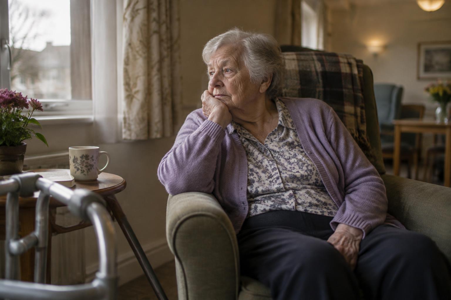 Older woman sitting in an armchair by a window in an assisted living lounge, looking away in thought, with a walking frame and a cup on a side table nearby
